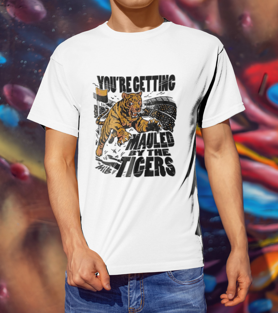 You're Getting Mauled By The Tigers Leaping Aggressive Stadium Crowd Corner Flag Woodcut T-Shirt