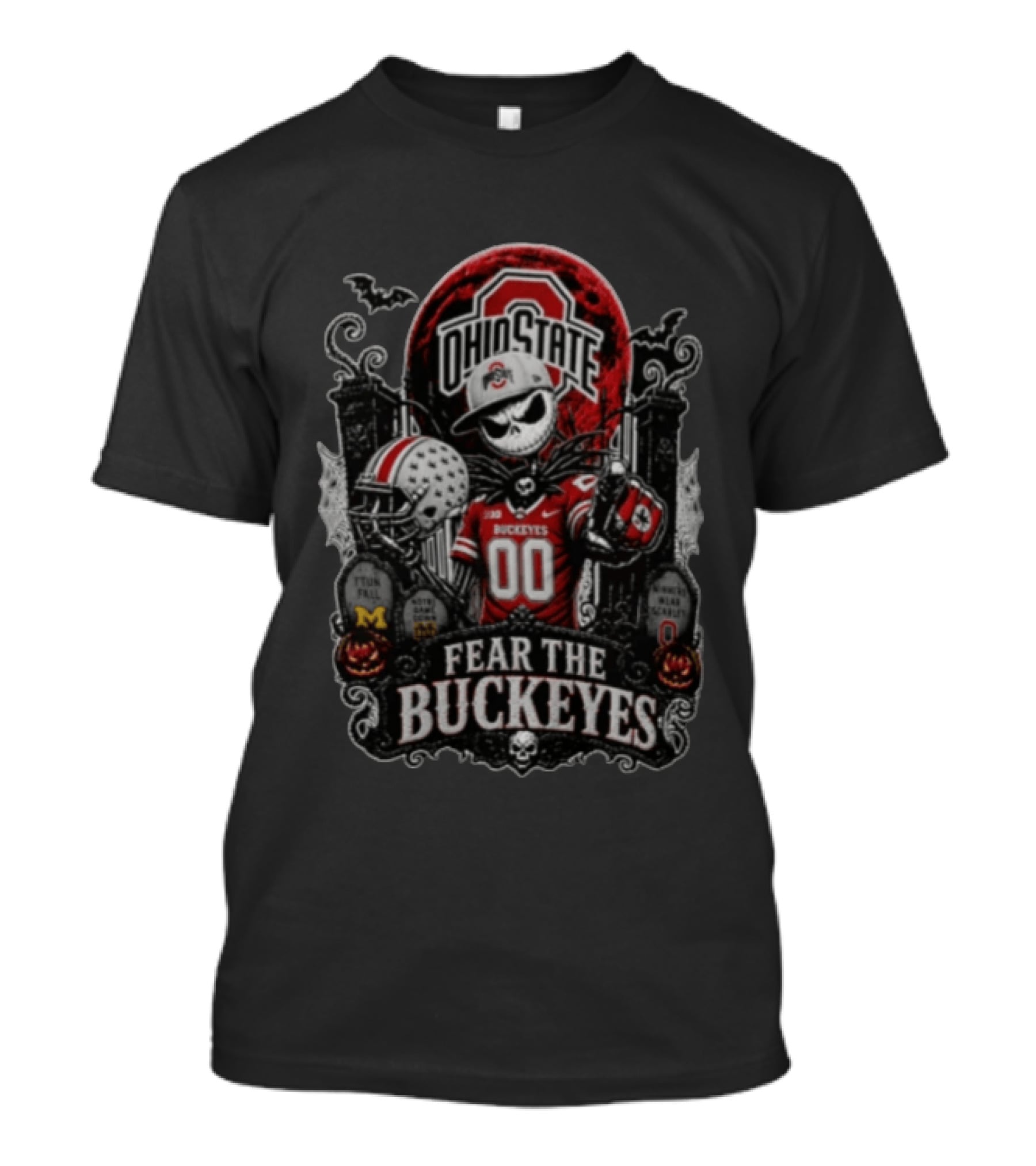 Ohio State Fear The Buckeyes Jack Skellington Halloween Skeleton Football Pumpkins Gravestones T-Shirt