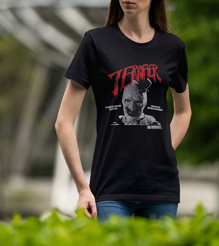 Terrifier Official Art Clown Grim Imagery Horror Cult Video Nsfw Warning T-Shirt