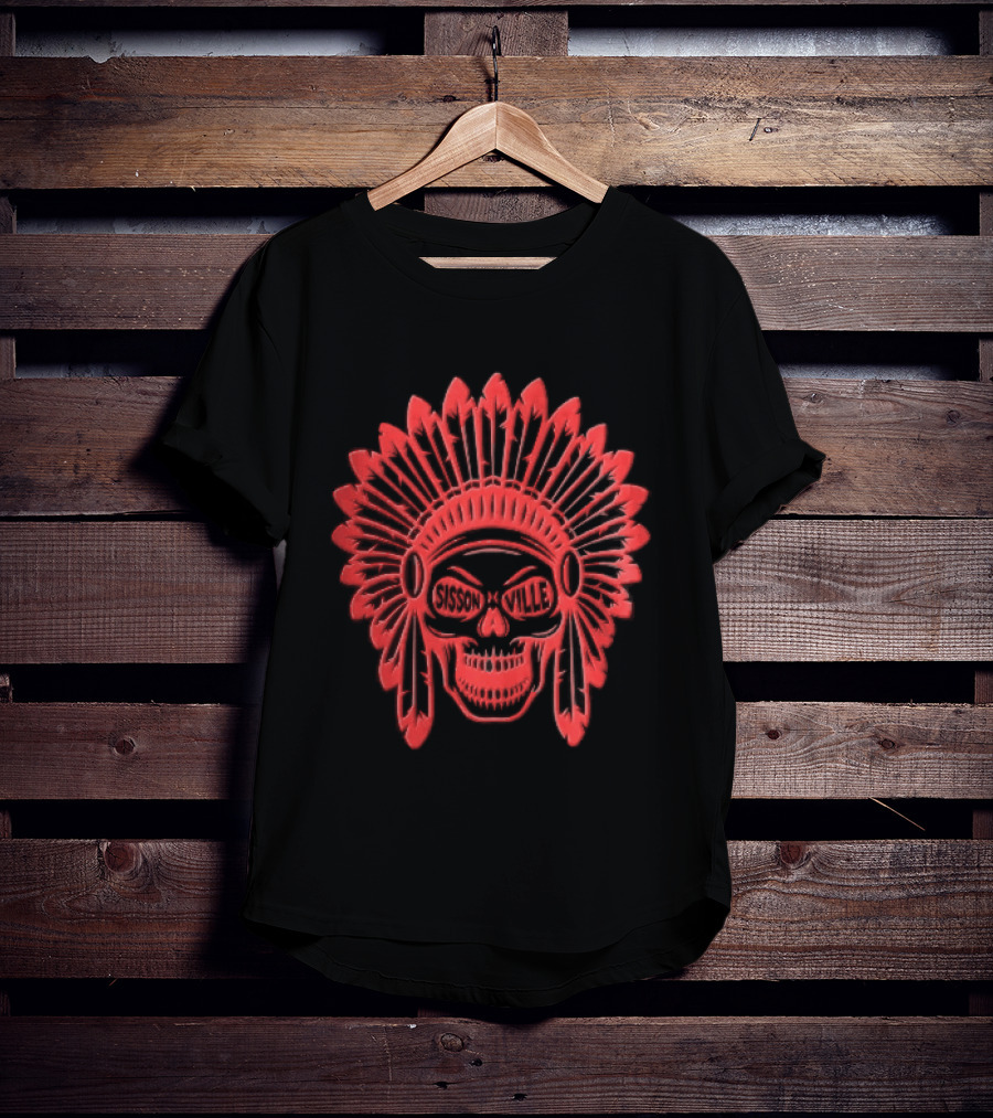 Sissonville Indian Chief Skull Headdress Red Feather Motif T-Shirt