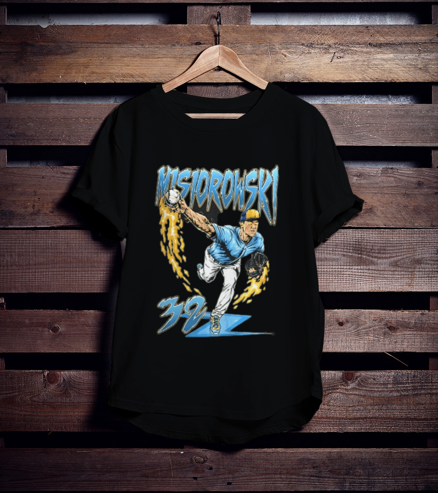Misiorowski 32 Baseball Pitcher Throwing Flaming Ball In Action T-Shirt