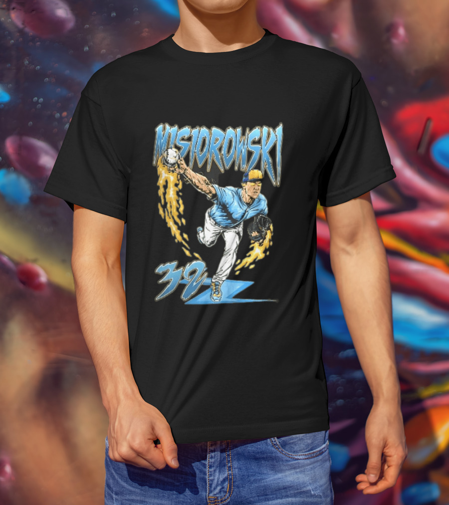 Misiorowski 32 Baseball Pitcher Throwing Flaming Ball In Action T-Shirt