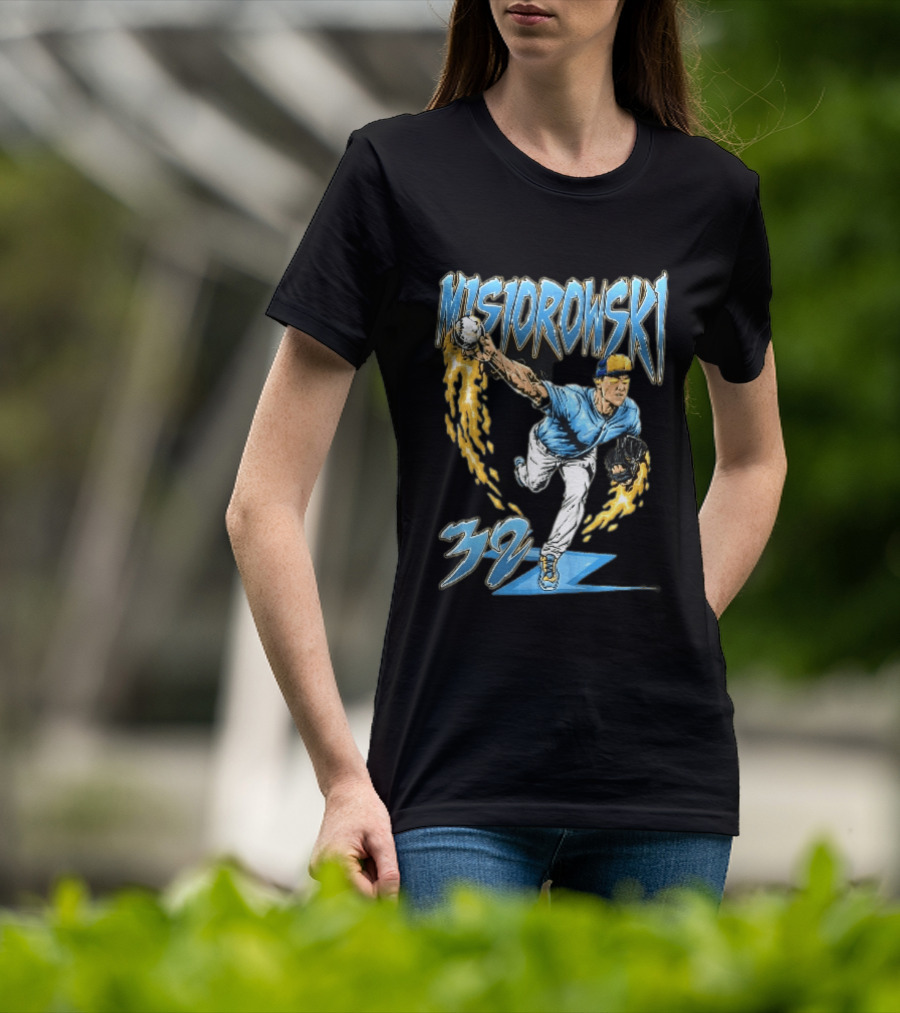 Misiorowski 32 Baseball Pitcher Throwing Flaming Ball In Action T-Shirt