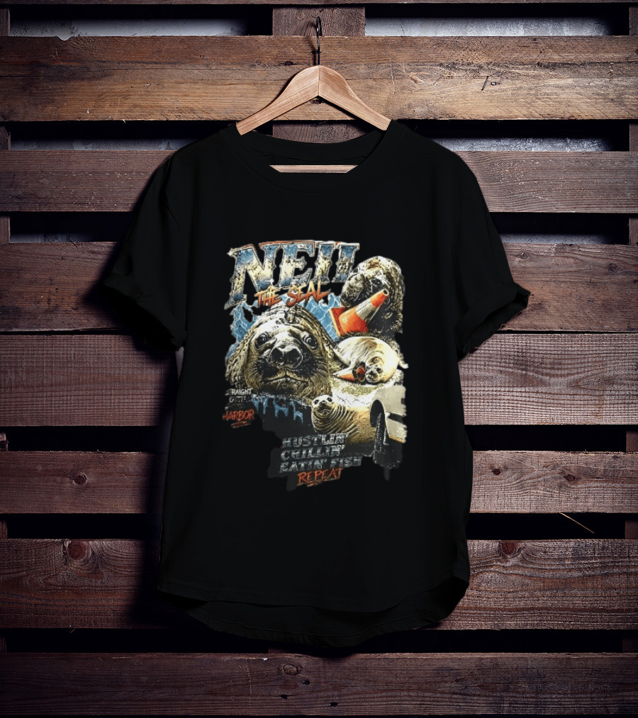 Neil The Seal Hustler Chillin Eating Fish Harbor Animal Warning Cone Repeat T-Shirt
