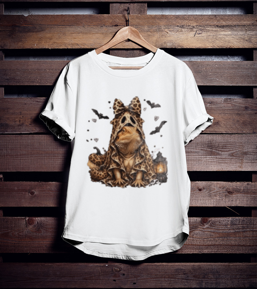 Bewitched Bearded Dragon Cloaked In Leopard Print With Lantern And Bats T-Shirt