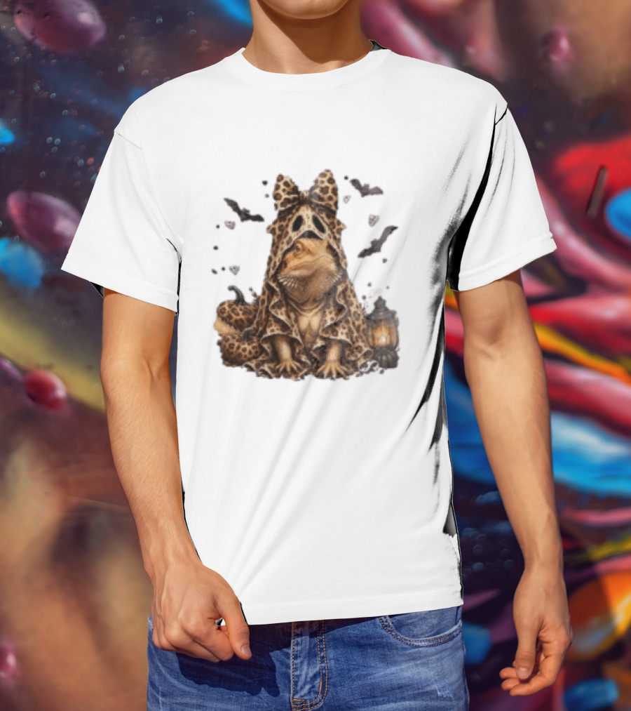Bewitched Bearded Dragon Cloaked In Leopard Print With Lantern And Bats T-Shirt