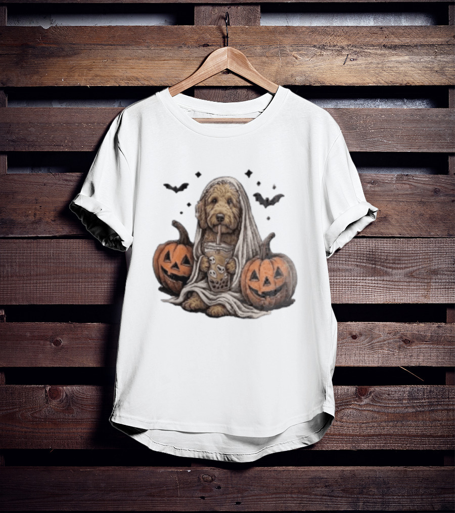 Goldendoodle Ghost With Boba Halloween Jack O'Lanterns And Bats T-Shirt
