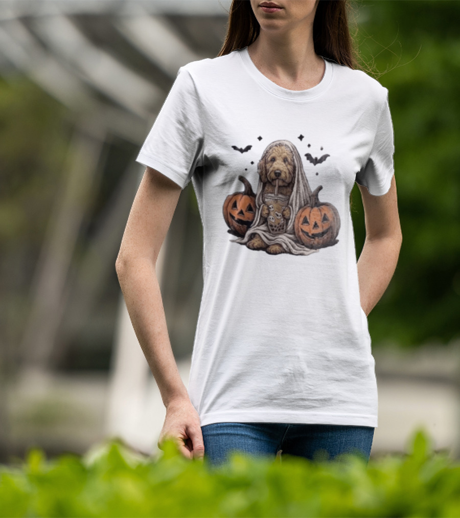 Goldendoodle Ghost With Boba Halloween Jack O'Lanterns And Bats T-Shirt