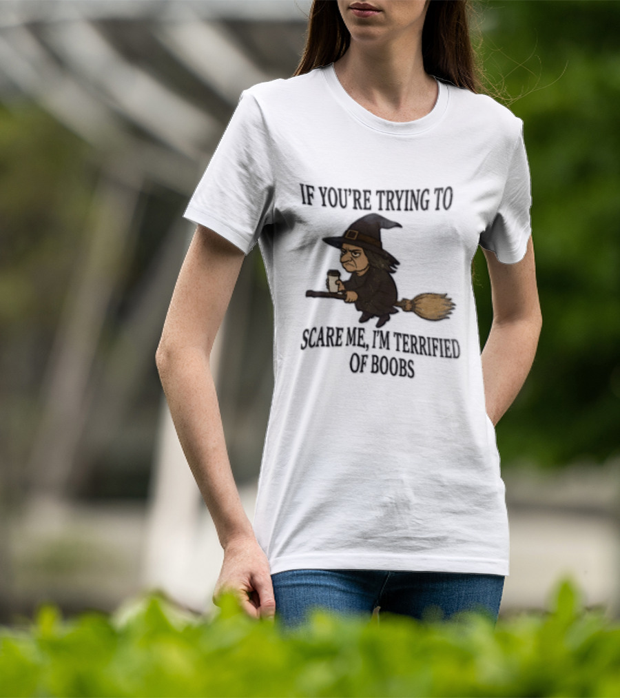 Witch Humor If You're Trying To Scare Me I'm Terrified Of Boobs Broomstick Flying T-Shirt