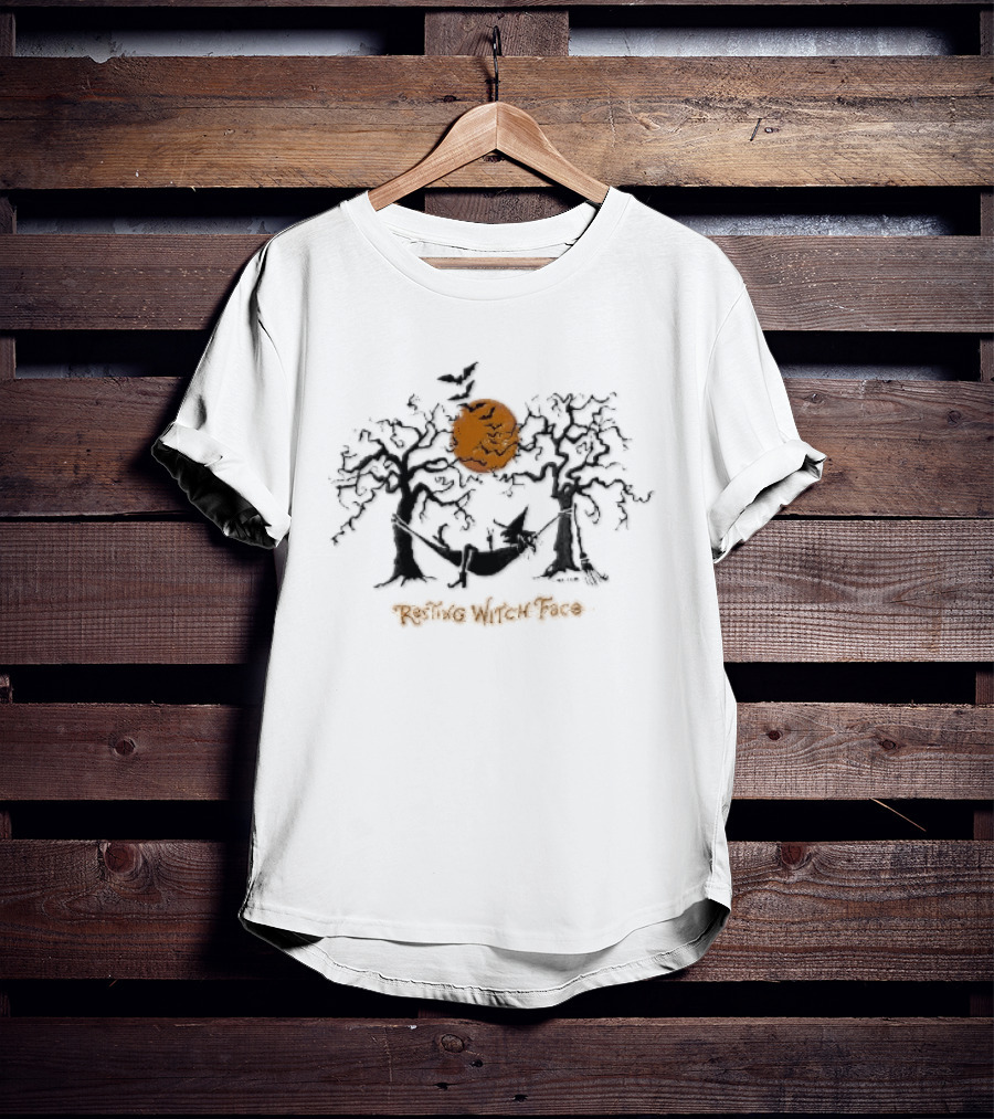 Resting Witch Face Halloween Hammock With Bats And Trees T-Shirt