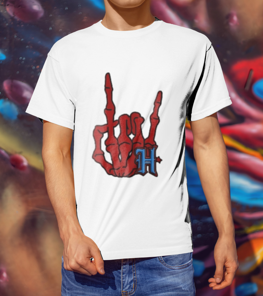 Red Skeleton Hand Sign With Blue H T-Shirt