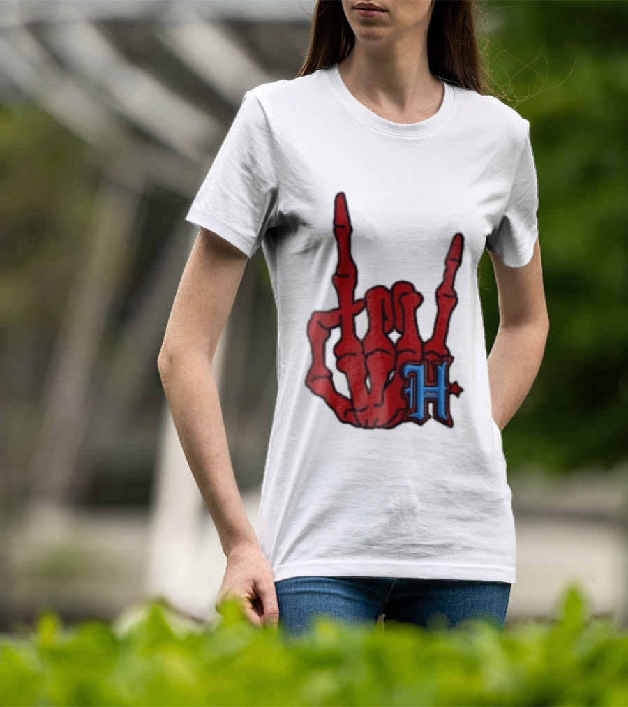 Red Skeleton Hand Sign With Blue H T-Shirt