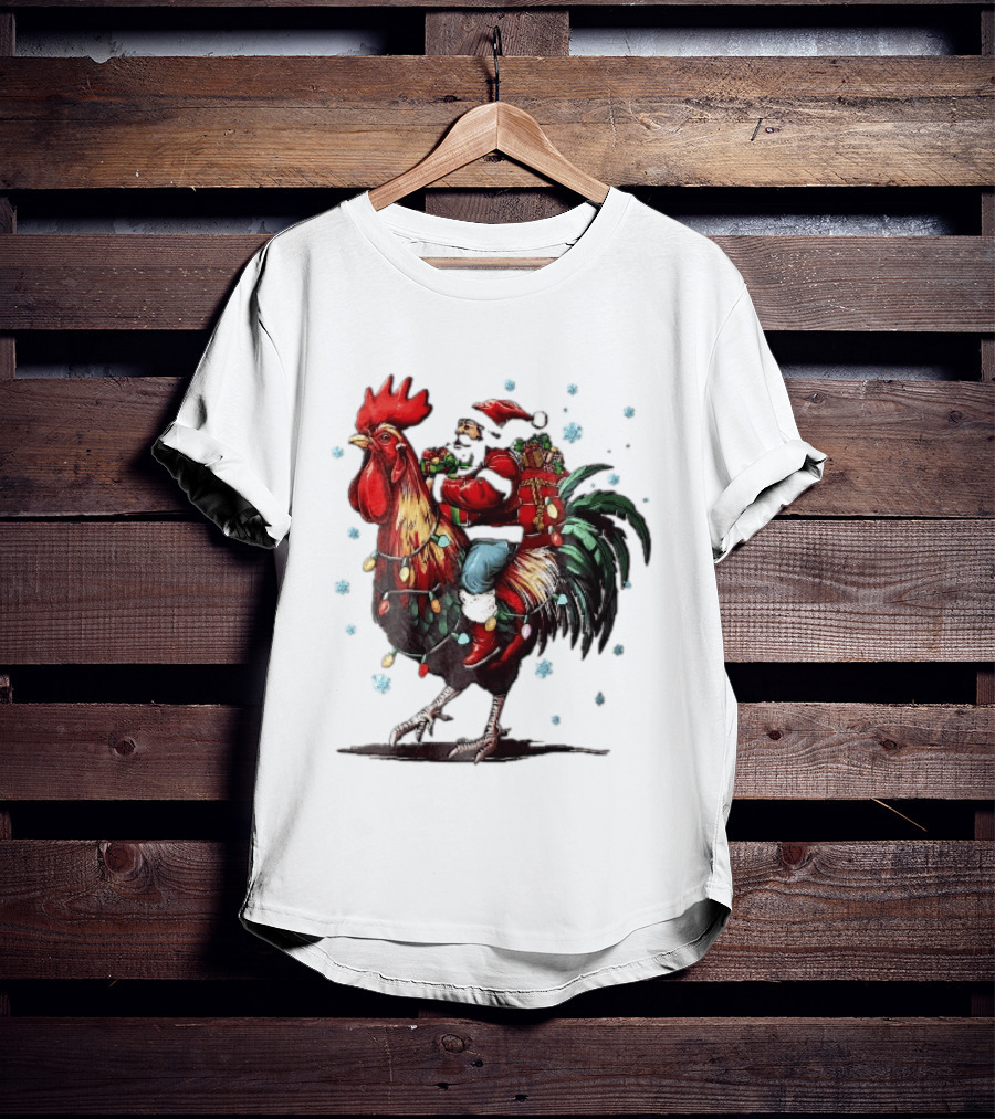 Caricature Santa Riding Rooster With Christmas Presents And Snowflakes T-Shirt