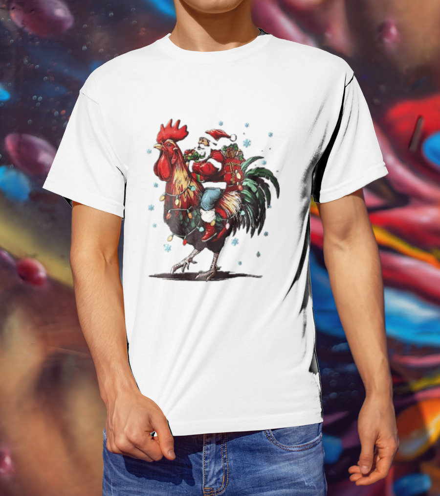 Caricature Santa Riding Rooster With Christmas Presents And Snowflakes T-Shirt