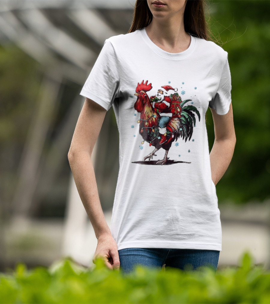 Caricature Santa Riding Rooster With Christmas Presents And Snowflakes T-Shirt