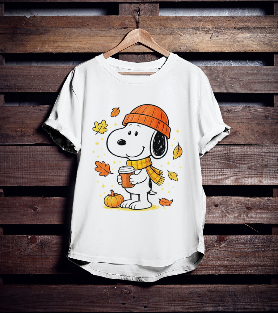 Snoopy Fall Autumn Coffee Pumpkin Leaves Warm Scarf Beanie Hat T-Shirt