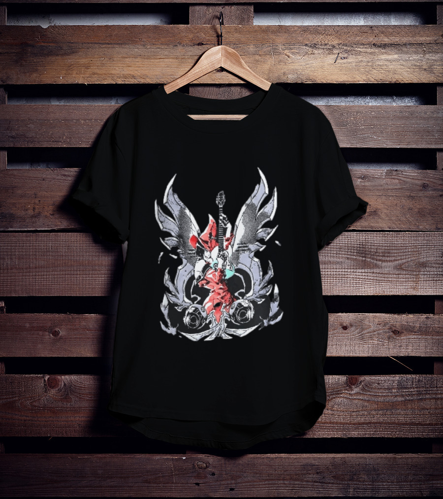 Anime Girl With Wings Holding Guitar Angelic Rock Star Fantasy T-Shirt