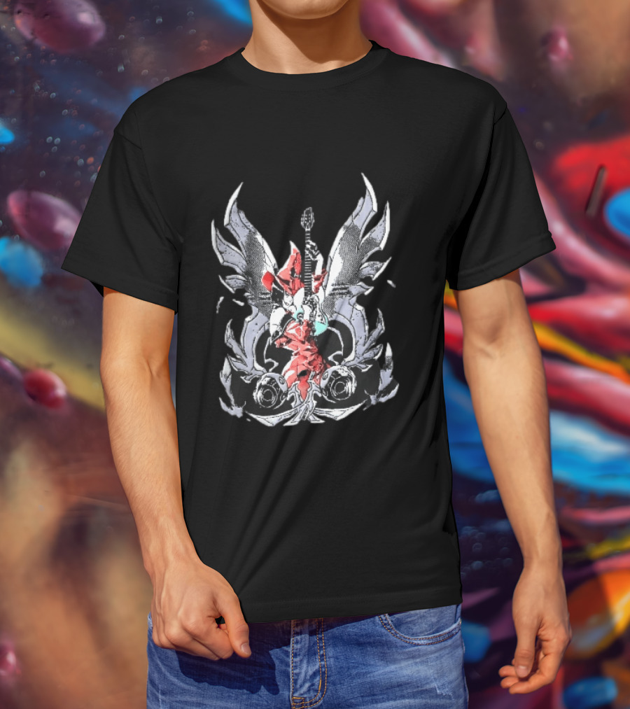 Anime Girl With Wings Holding Guitar Angelic Rock Star Fantasy T-Shirt