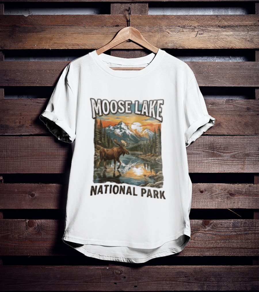 Moose Lake National Park Moose In Water Scenic Mountain Landscape T-Shirt