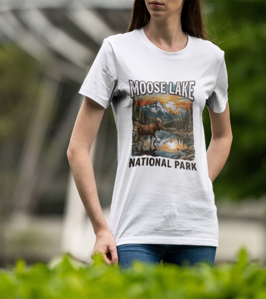 Moose Lake National Park Moose In Water Scenic Mountain Landscape T-Shirt