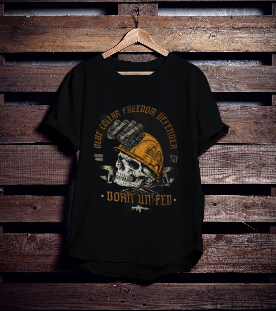 Blue Collar Freedom Defender Born United Stay Free Skull Helmet T-Shirt