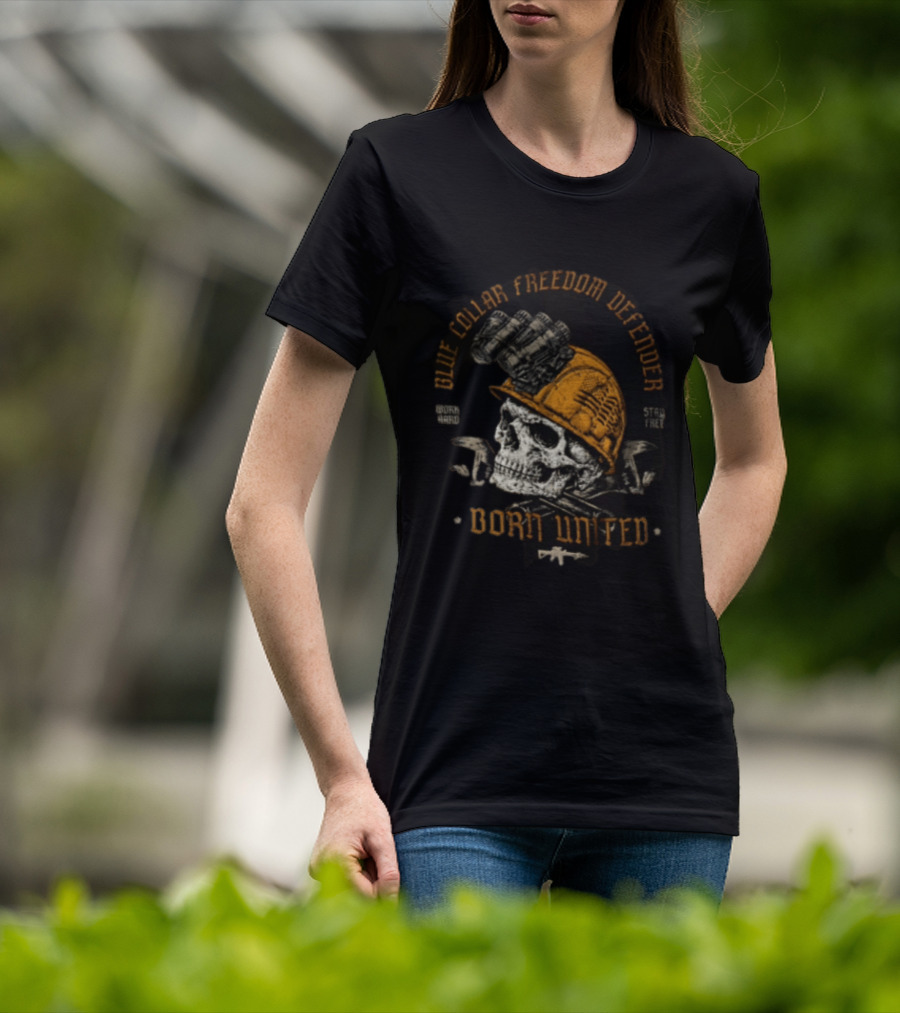 Blue Collar Freedom Defender Born United Stay Free Skull Helmet T-Shirt
