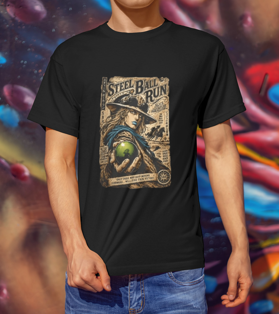 Steel Ball Run Jojo's Adventure Gyro Zeppeli Holding Steel Ball Desert Motif SBR True Man's World Ends Victory T-Shirt