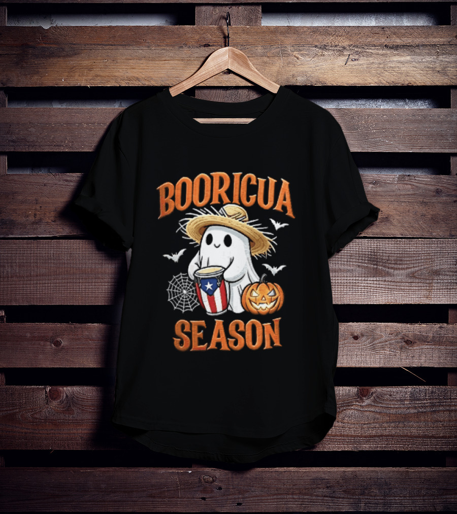 Booricua Season Ghost With Puerto Rico Flag Conga And Pumpkin T-Shirt