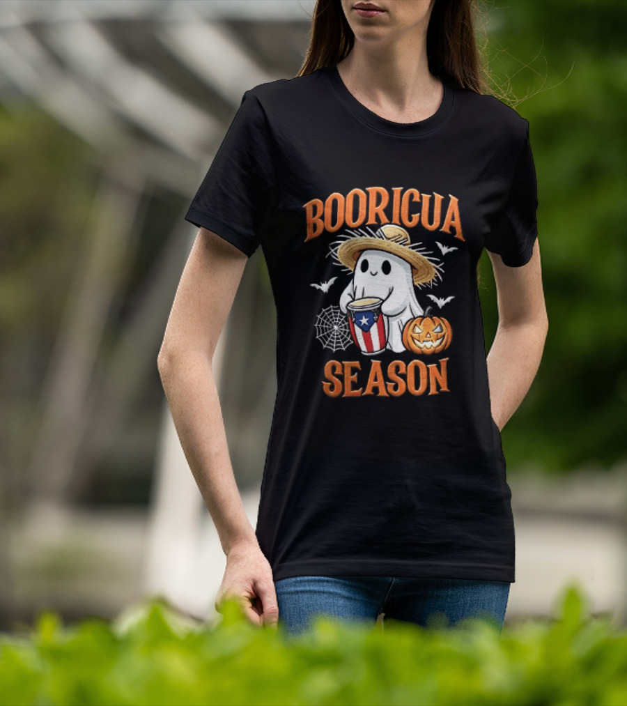Booricua Season Ghost With Puerto Rico Flag Conga And Pumpkin T-Shirt