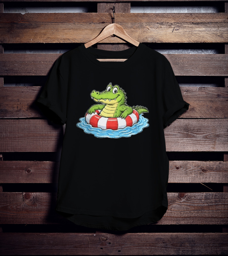 Cartoon Crocodile Relaxing In Red And White Life Buoy On Water T-Shirt