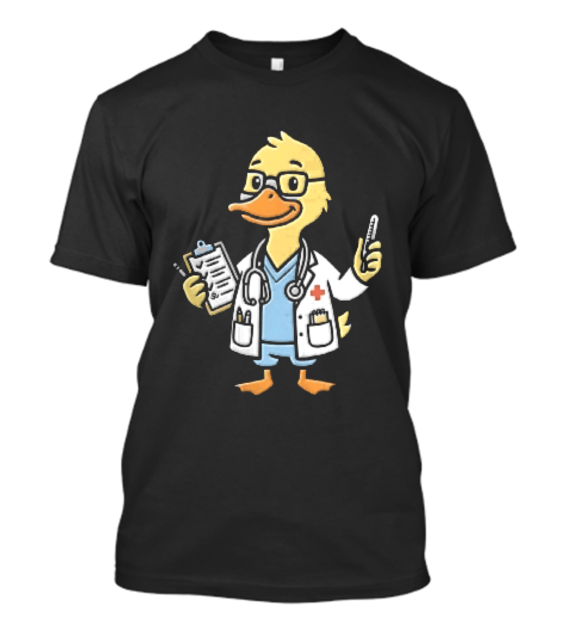 Cartoon Yellow Duck Doctor With Stethoscope Thermometer And Clipboard T-Shirt