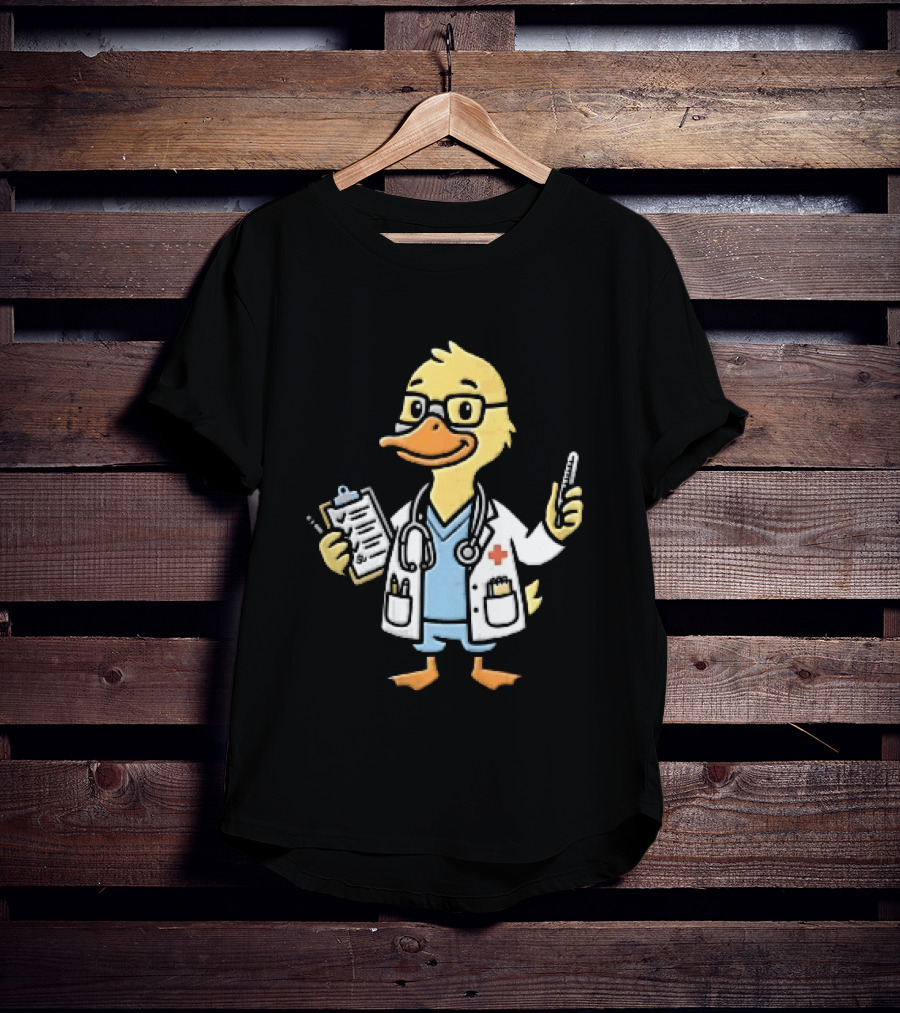 Cartoon Yellow Duck Doctor With Stethoscope Thermometer And Clipboard T-Shirt