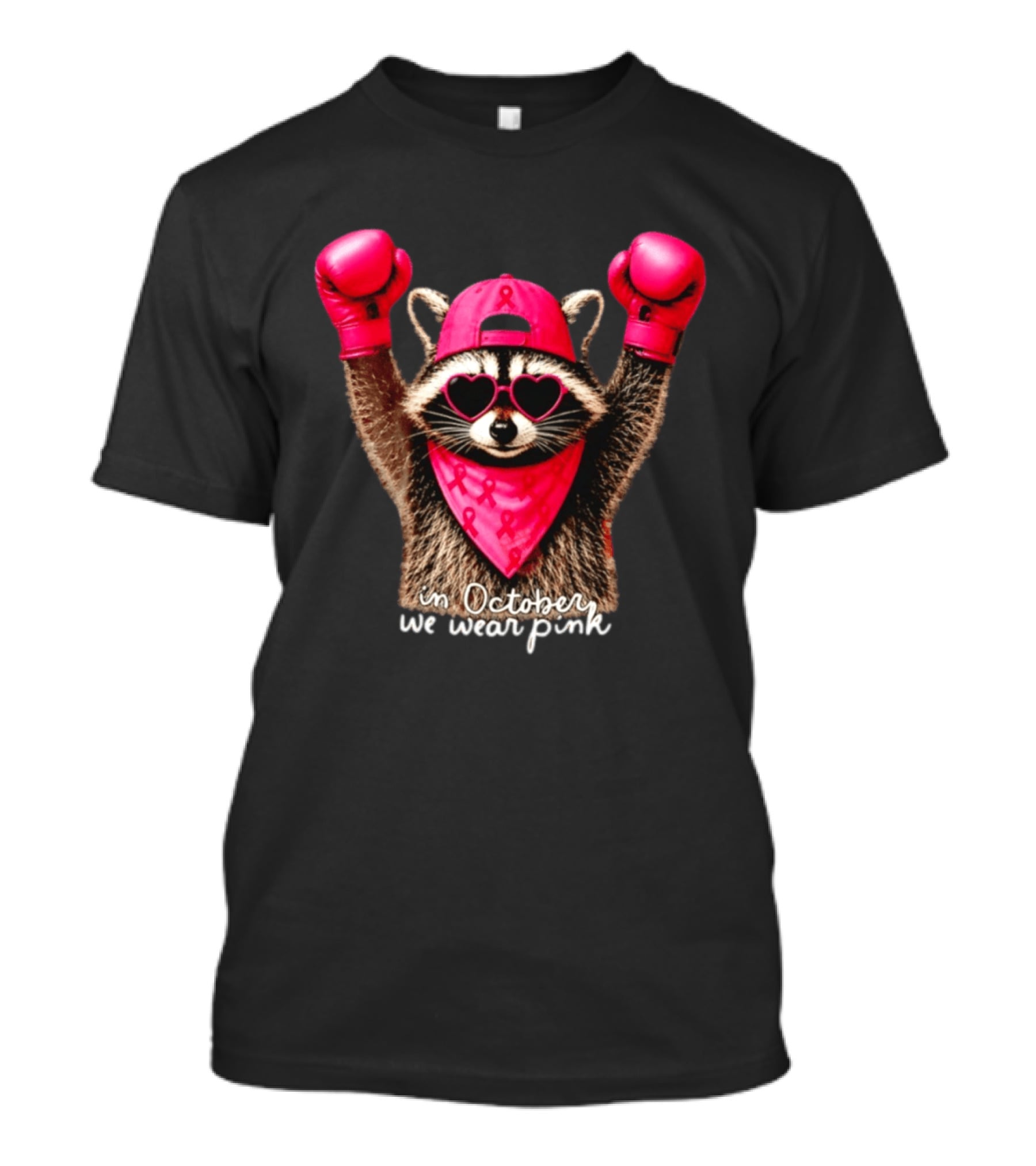 In October We Wear Pink Raccoon Breast Cancer Support Squad Boxing Gloves And Heart Glasses T-Shirt