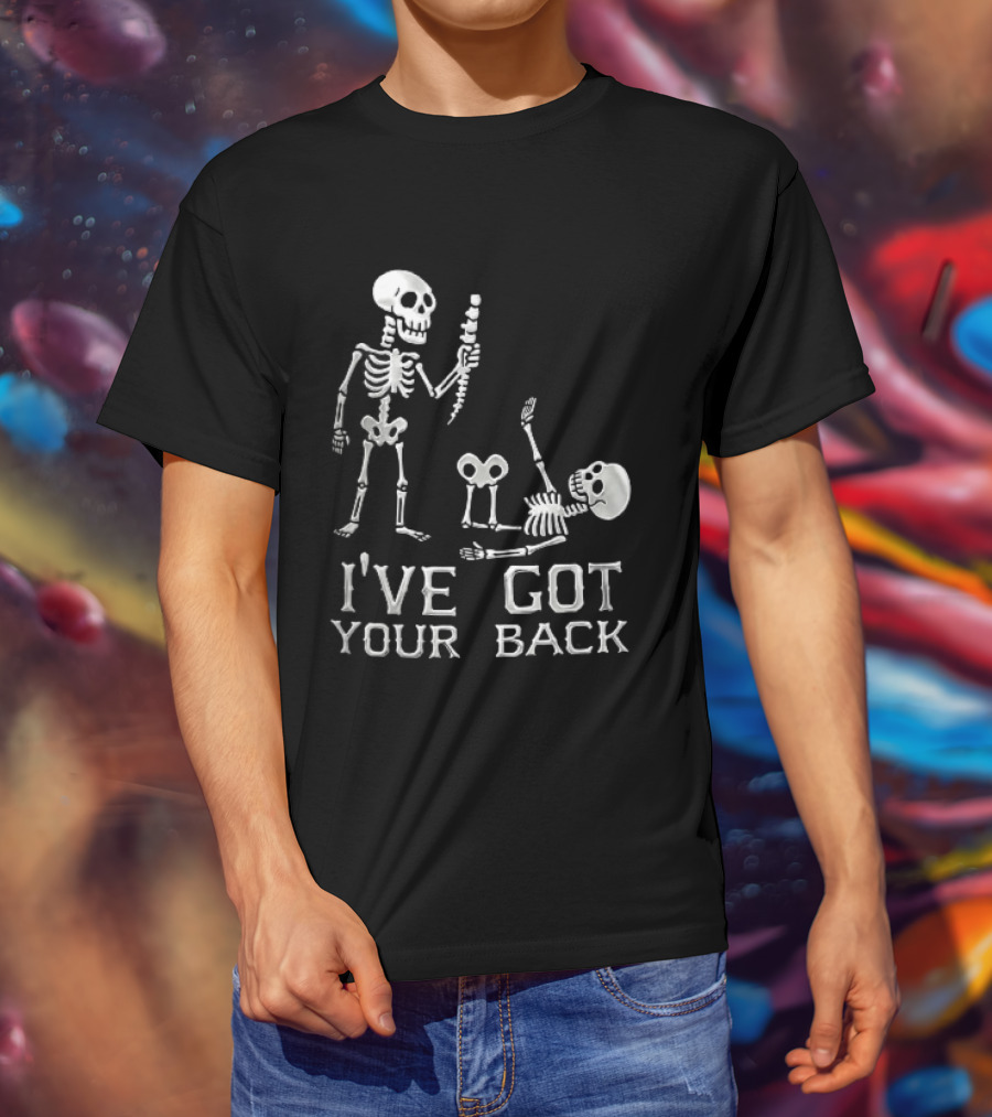 I've Got Your Back Skeleton Humor Holding Spine Over Fallen Body T-Shirt