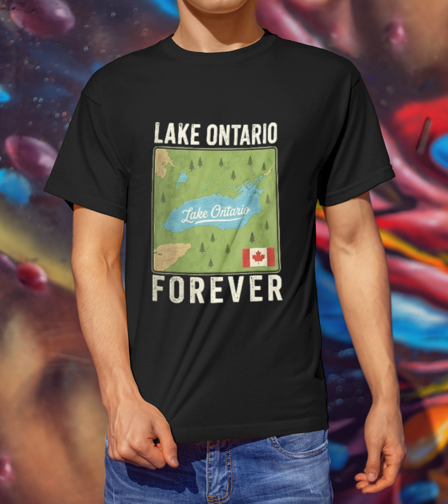 Lake Ontario Forever Distressed Map With Canadian Flag And Pine Trees T-Shirt