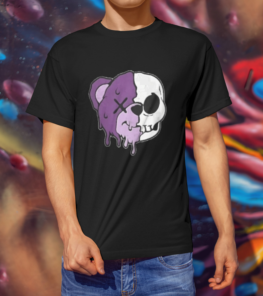 Dripping Purple Teddy Bear Skull Split Face Cartoon T-Shirt