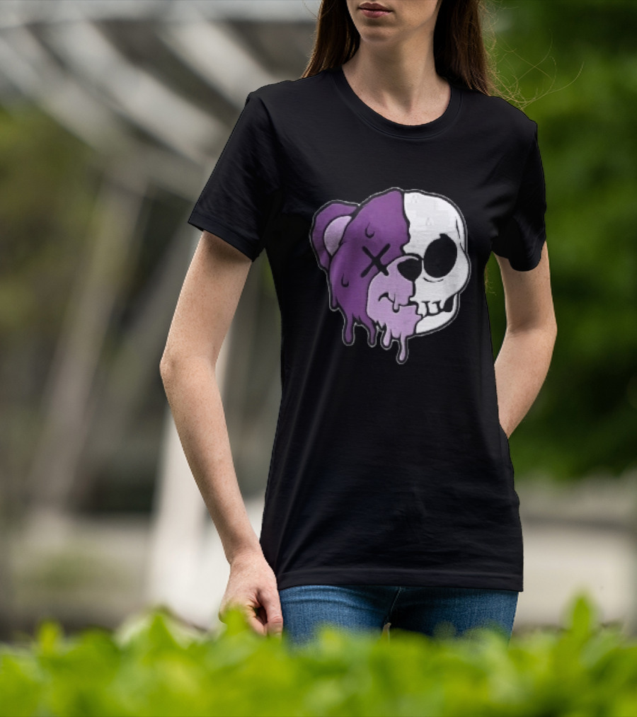 Dripping Purple Teddy Bear Skull Split Face Cartoon T-Shirt