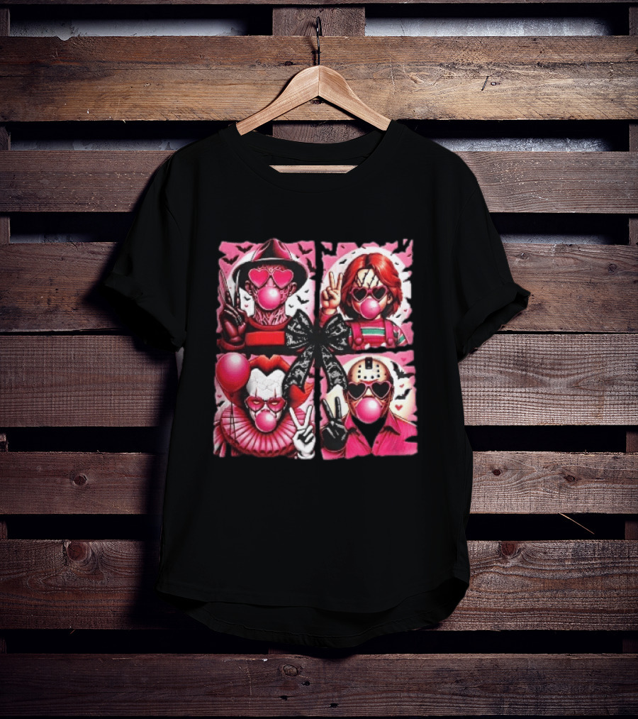 Heart Sunglasses Bubblegum Horror Villains With Peace Signs And Lace Bow T-Shirt