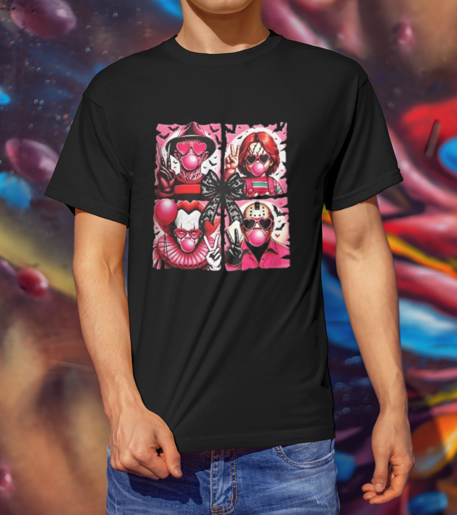 Heart Sunglasses Bubblegum Horror Villains With Peace Signs And Lace Bow T-Shirt