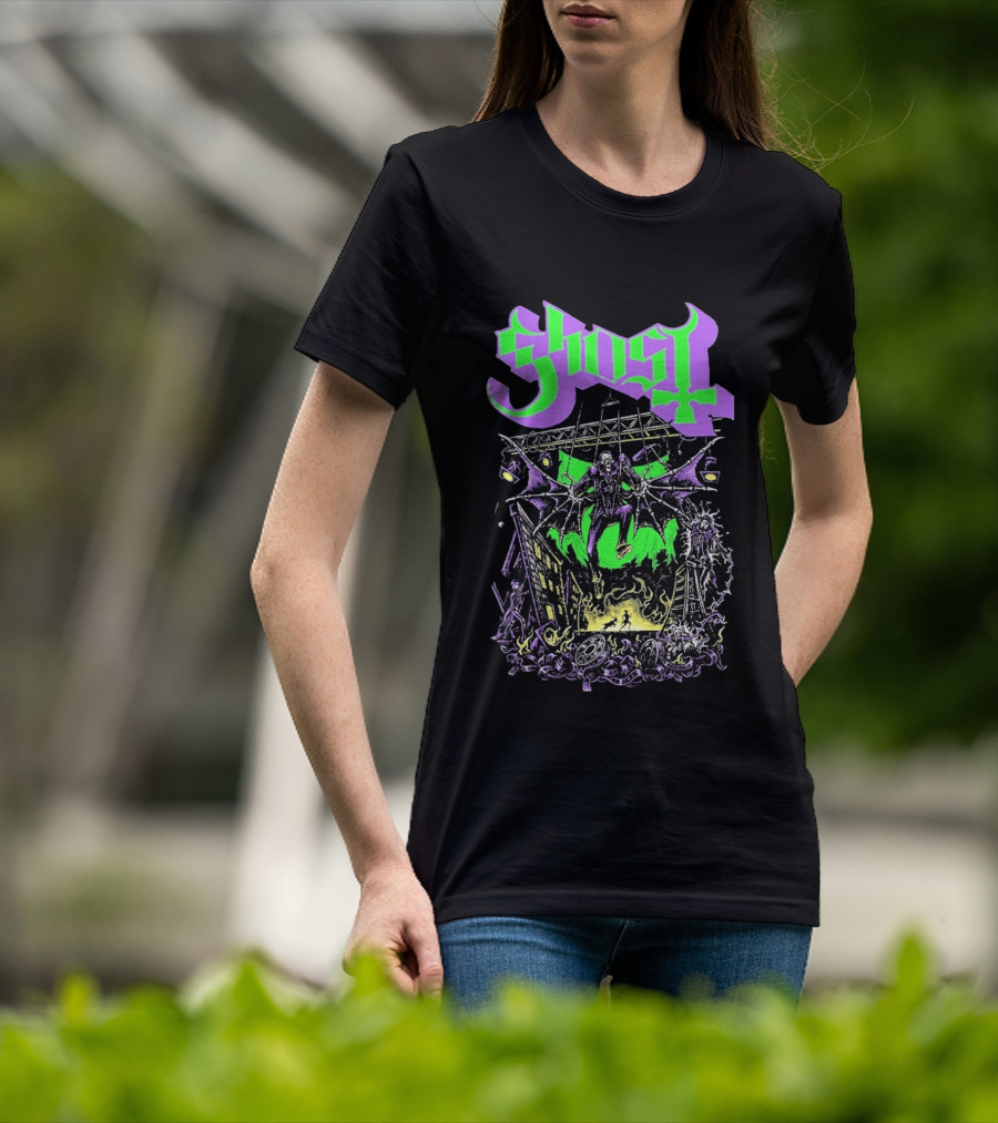 Ghost 2 Big To Rig Cursed Production Artwork With Bat Wings And Fire Scene T-Shirt