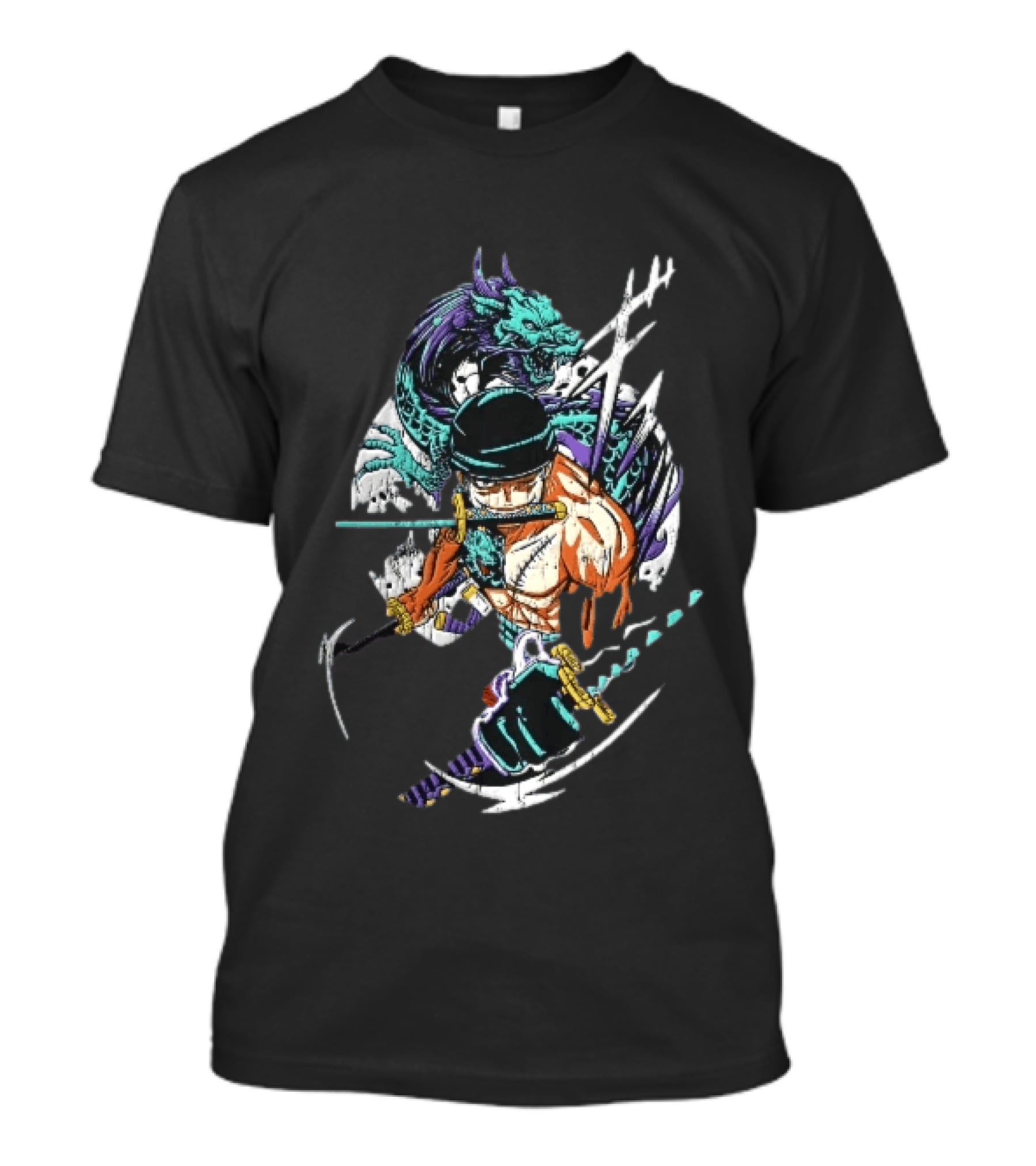 Three Sword Anime Fighter Green Dragon Warrior Distressed T-Shirt