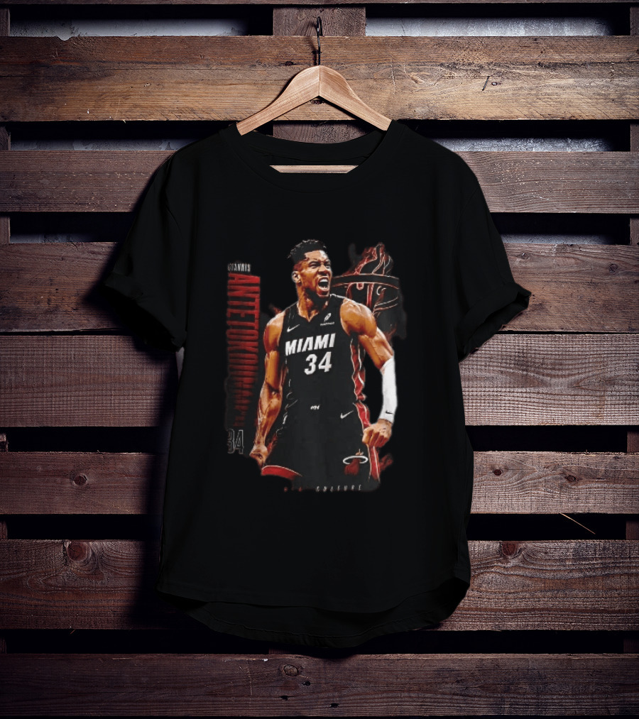 Miami Heat Giannis Antetokounmpo Yelling Flames Photomontage NBA Culture T-Shirt