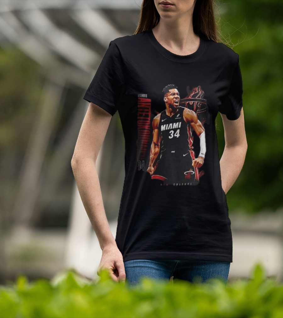 Miami Heat Giannis Antetokounmpo Yelling Flames Photomontage NBA Culture T-Shirt