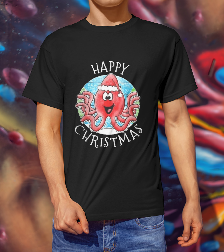 Happy Christmas Red Octopus Santa Hat Ocean Scene T-Shirt
