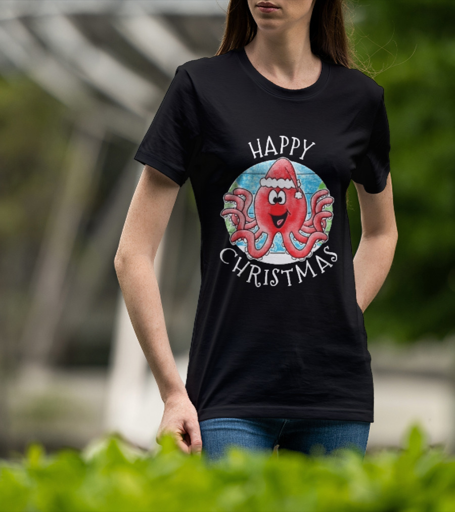 Happy Christmas Red Octopus Santa Hat Ocean Scene T-Shirt