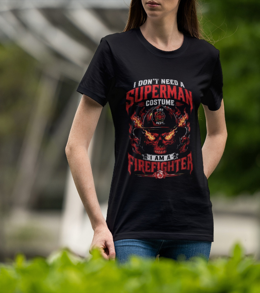 I Dont Need A Superman Costume Am Firefighter Flaming Skull Helmet Fire Dept Orange Flames T-Shirt