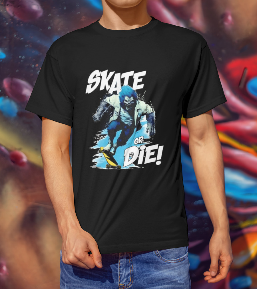Skate Or Die Wolfy Classic Blue Werewolf Skateboarding T-Shirt