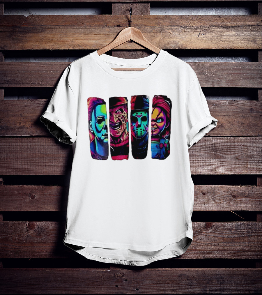 Fluorescent Horror Movie Slasher Faces Vertical Panels T-Shirt