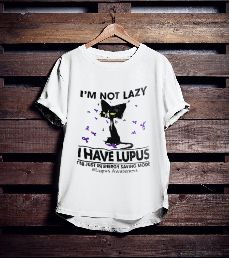 I'm Not Lazy I Have Lupus Energy Saving Mode Lupus Awareness Cat With Purple Ribbons T-Shirt