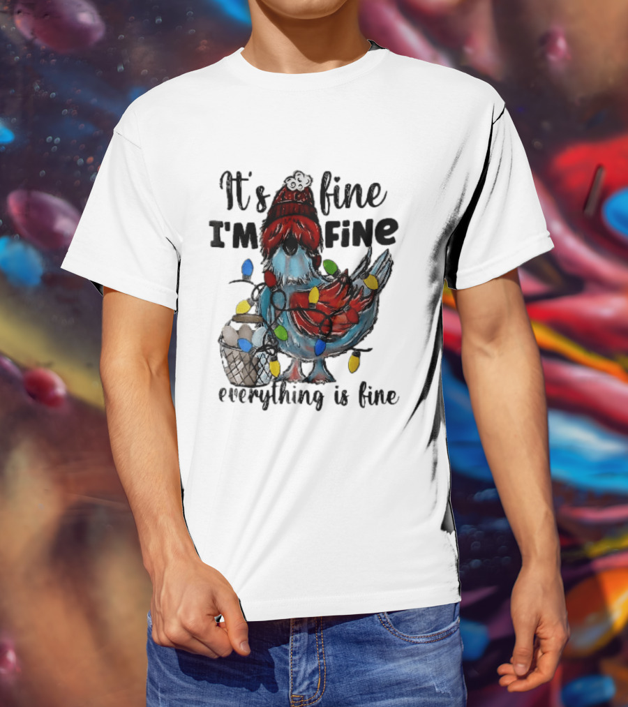 It's Fine I'm Fine Everything Is Fine Cartoon Chicken Tangled Christmas Lights T-Shirt